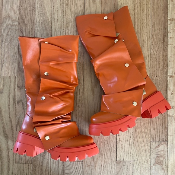 Sexy Tag Womens Orange Platform Slouchy Fold Over Boots Block Heel 6 - Picture 7 of 11